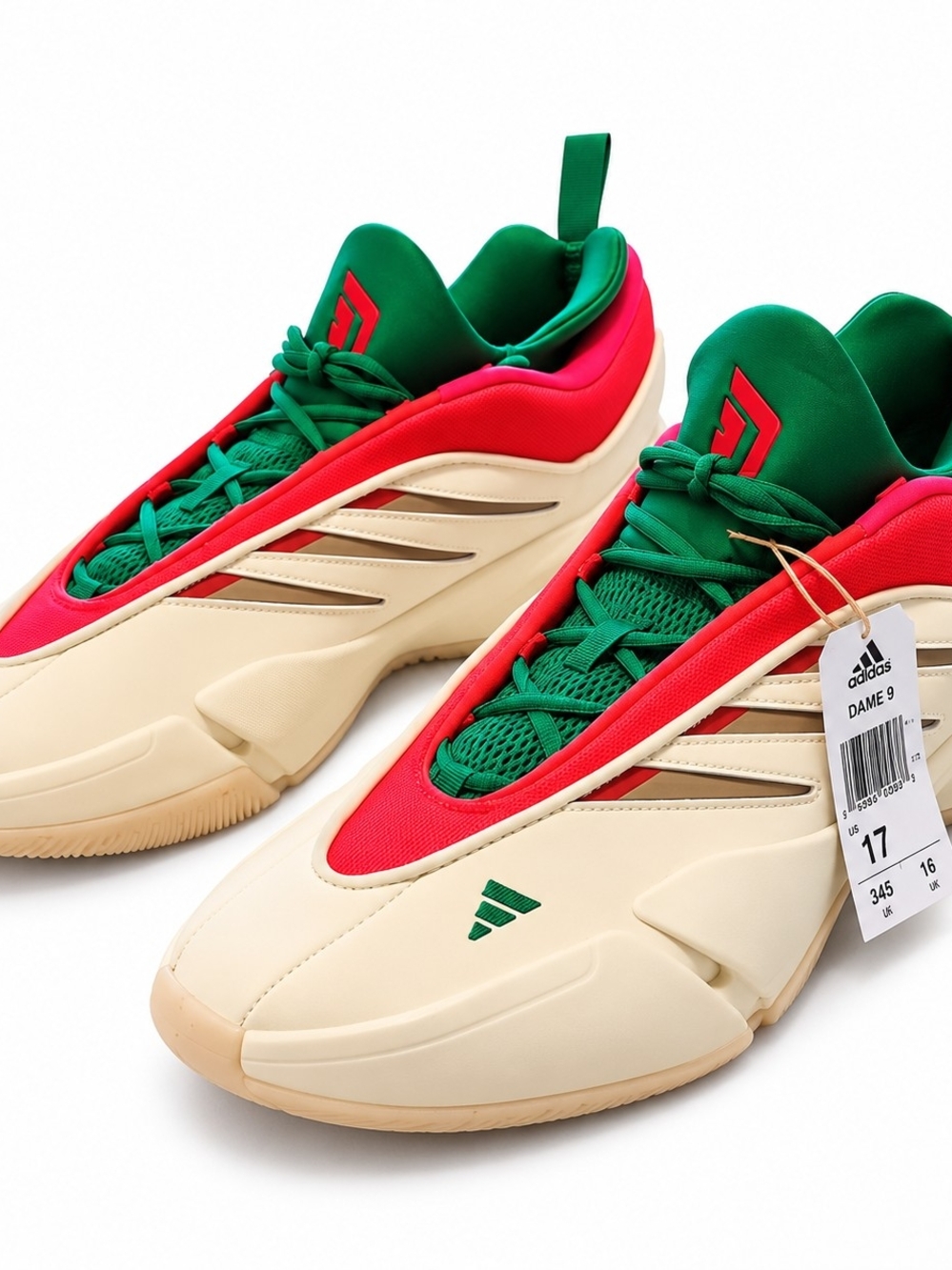 Adidas Dame 9 Basketball Sneakers in Cream, Red & Green No Box